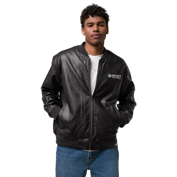 Faux Leather Bomber Jacket – Host Healthcare Swag Store