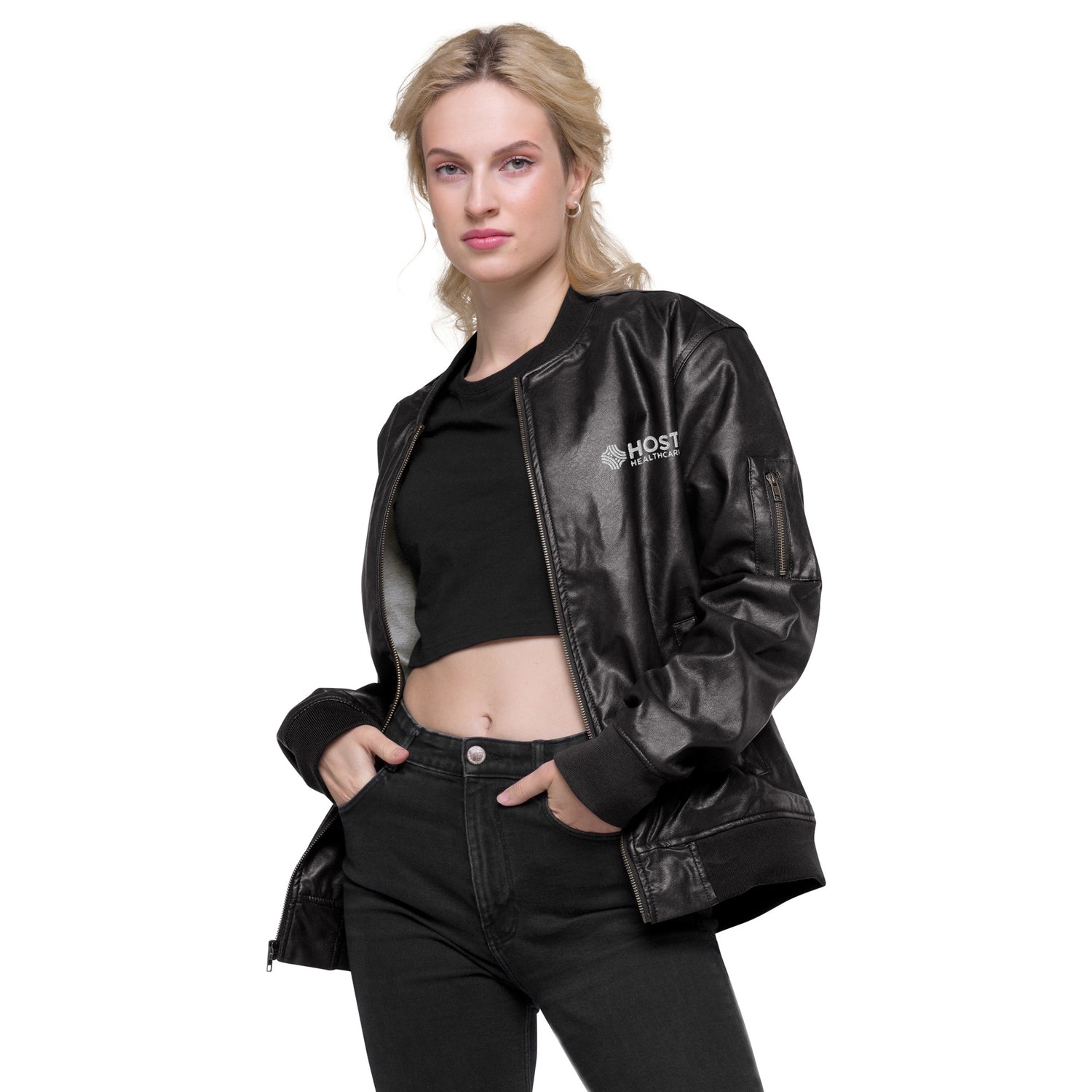 Faux Leather Bomber Jacket – Host Healthcare Swag Store